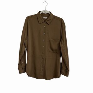 AYR Button Up Shirt Womens XL Brown Silk Stretch Blouse Oversized Longsleeve
